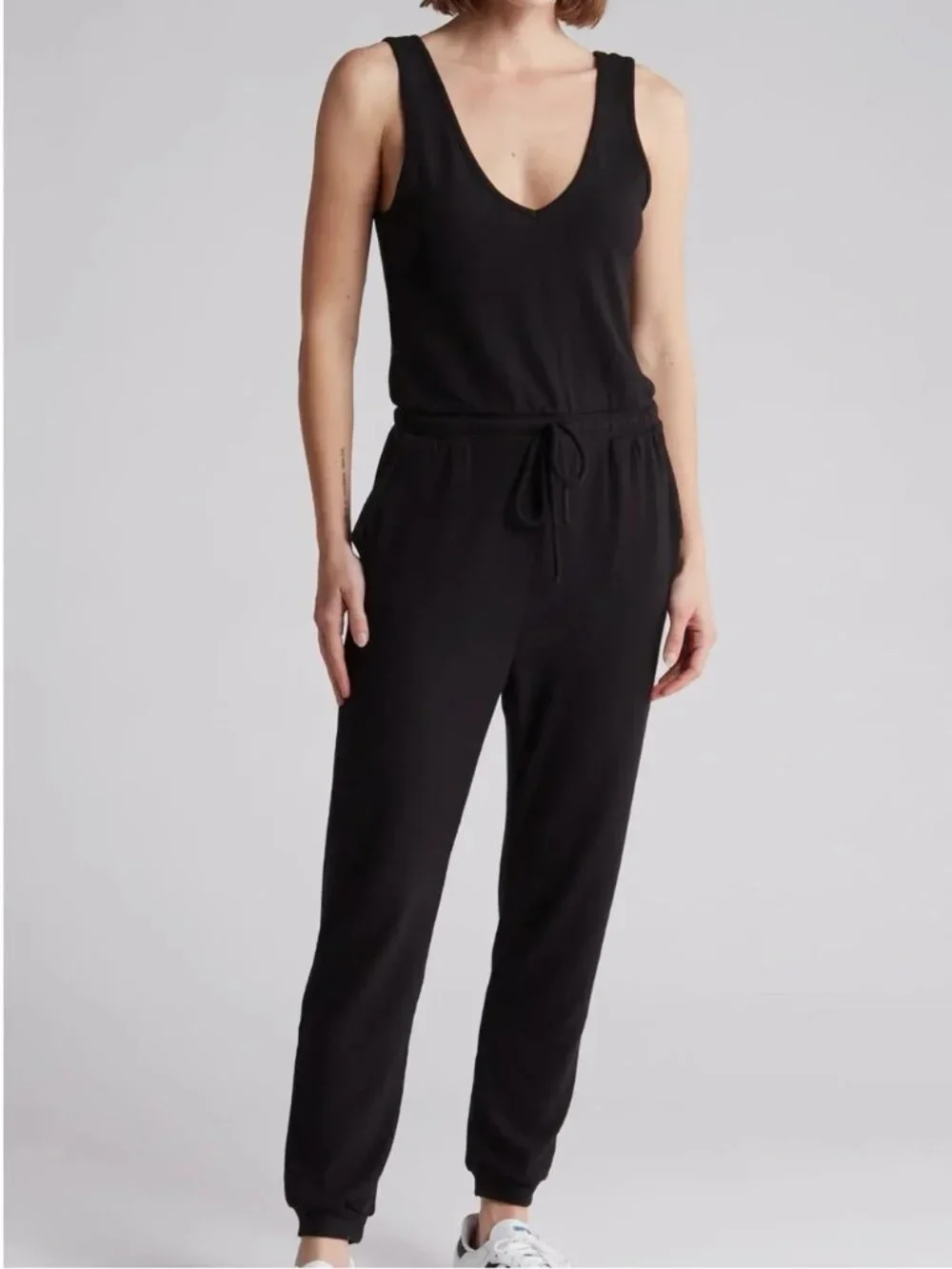 BEYOND YOGA Bopo Day Off Jumpsuit Womens XS‎ Black Sleeveless Drawstring Pockets